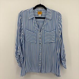 Ruby Rd Petite Blue White Stripe Button Up Shirt Tunic Top PXL